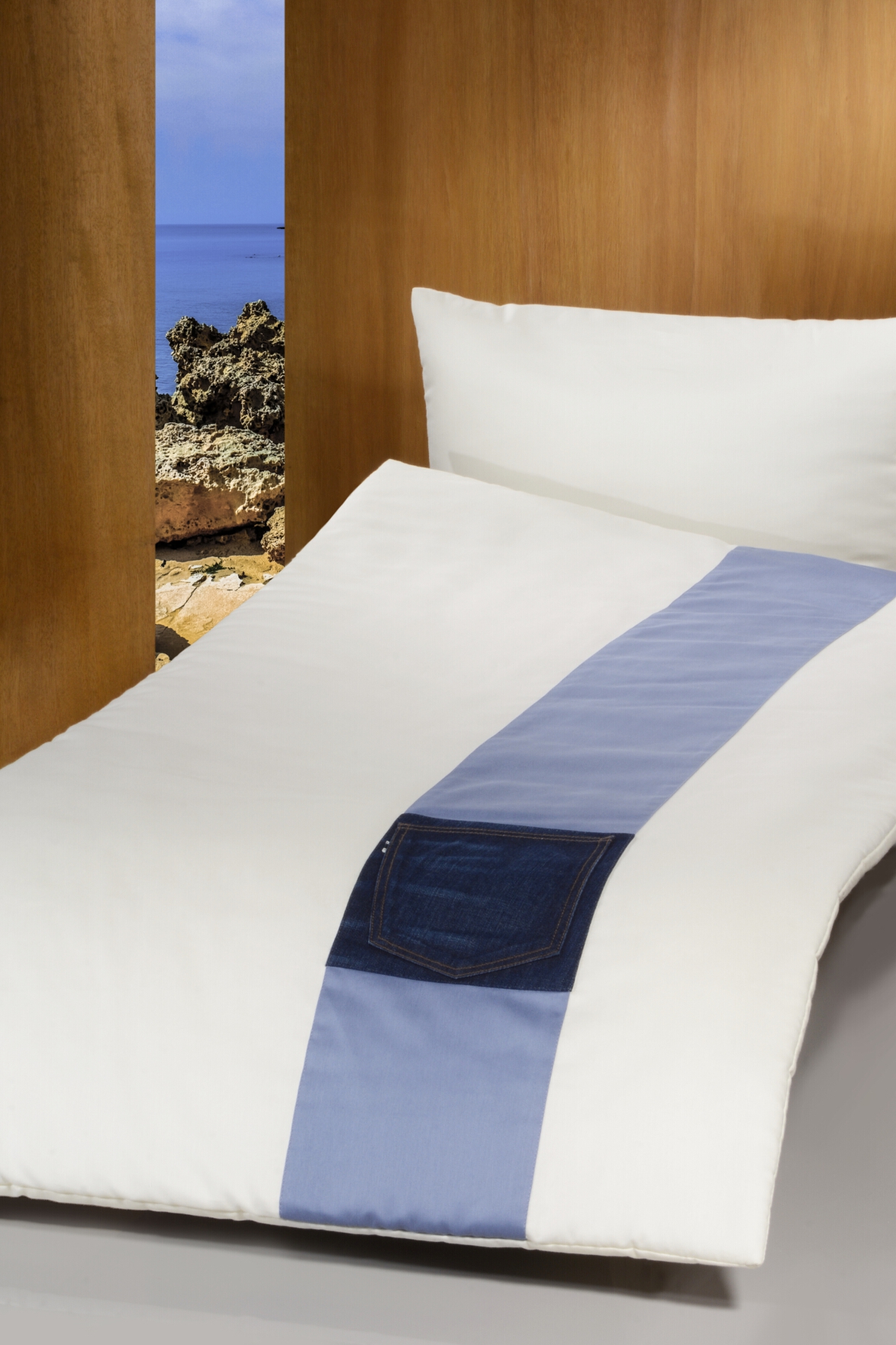 Deckengarnitur 0115-85 Monza , Baumwolle elfenbein, blauer Streifen mit Jeanstasche