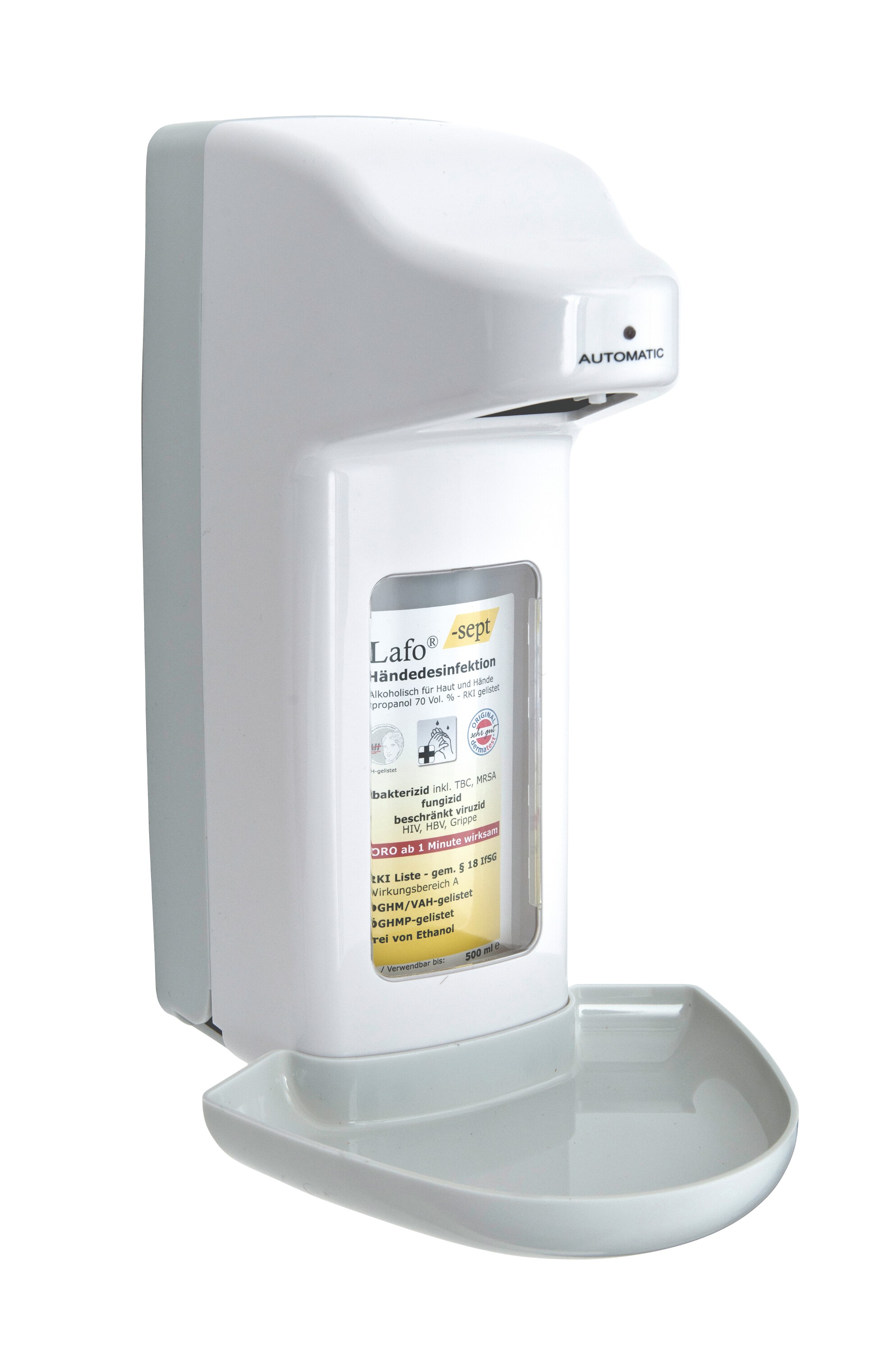 Desinfektionsmittelspender, touchless, für verschiedene Gebinde, max. 1 l, Kunststoff weiß/grau