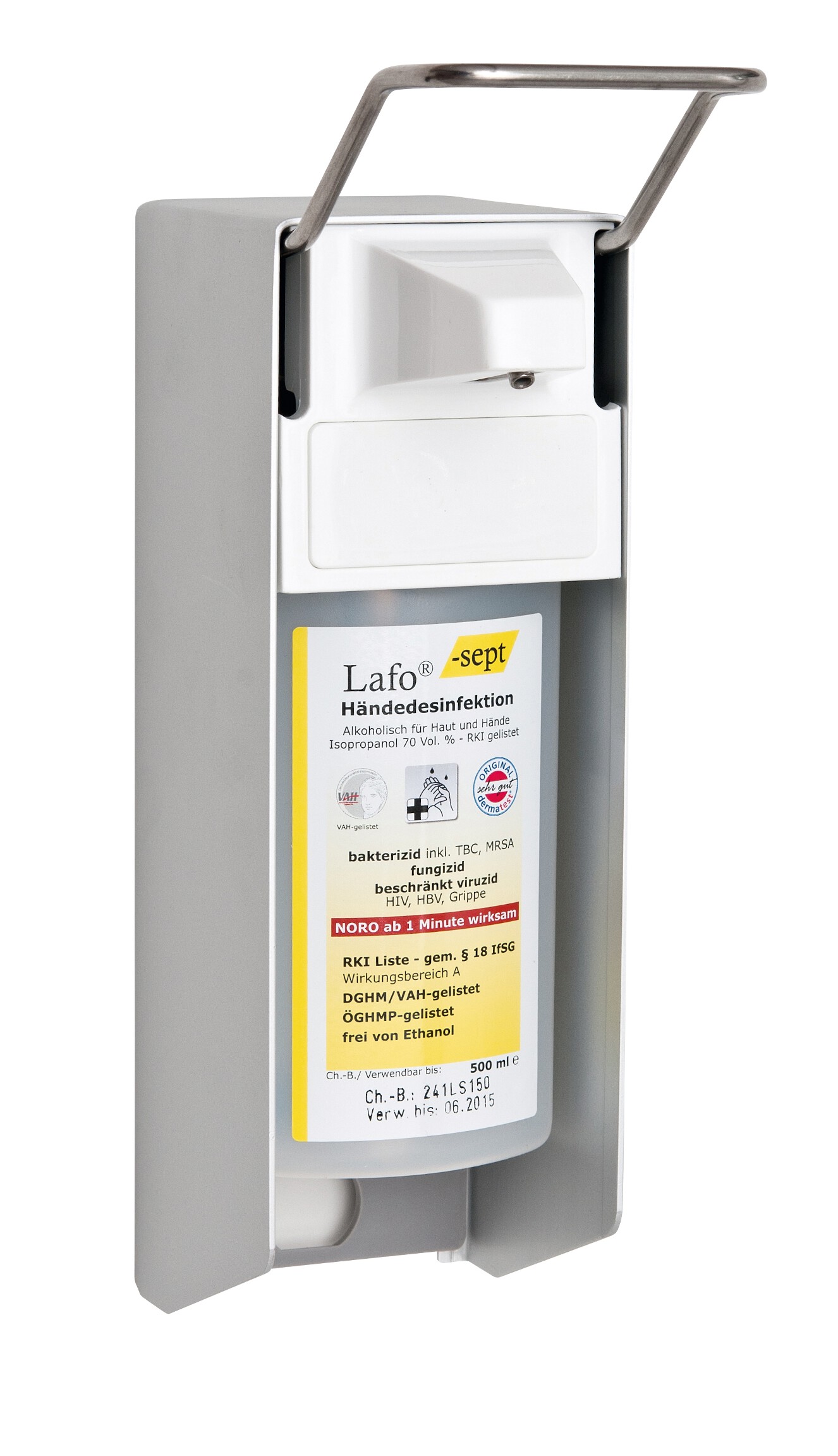 Desinfektionsspender Aluminium, Edelstahlpumpe 500 ml, H 270 x B 81 x T 160 mm, auch für Seife