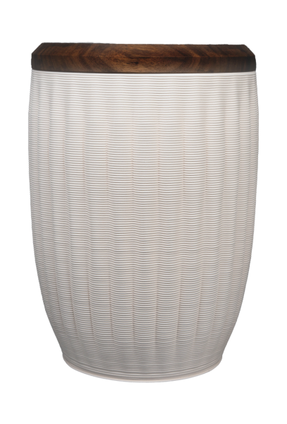 Urne Nr. 77111 Keramik, crèmematt, Struktur: Welle 3D-Druck, Deckel Nussbaum