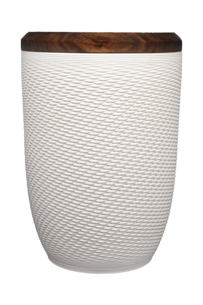 Urne Nr. 77119 Keramik, crèmematt, Optik: Korbgeflecht, Deckel Nussbaum
